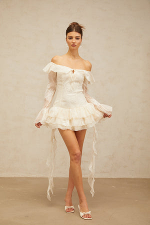Aurohaya Désirée white off-shoulder embroidered mini dress