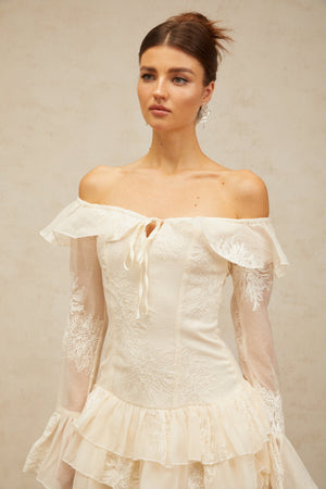 Aurohaya Désirée white off-shoulder embroidered mini dress