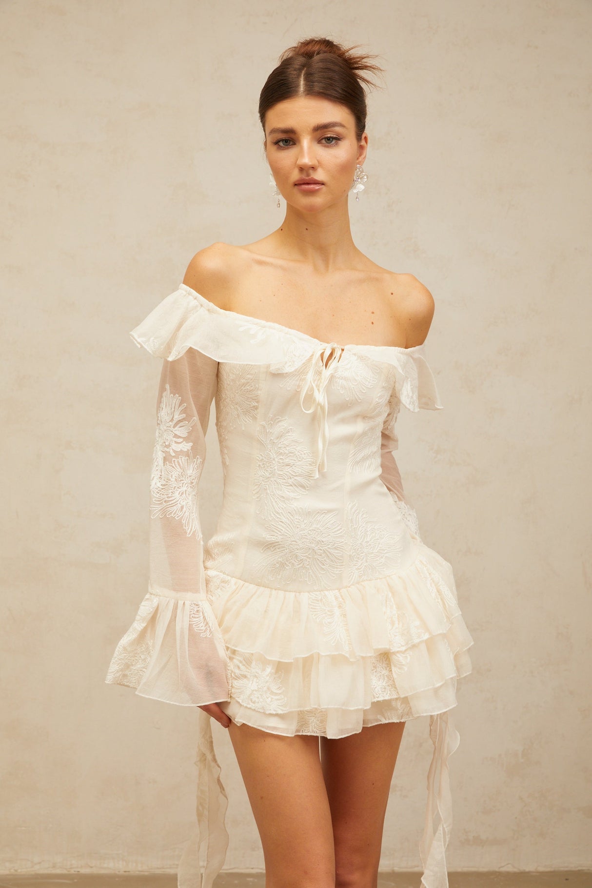 Aurohaya Désirée white off-shoulder embroidered mini dress