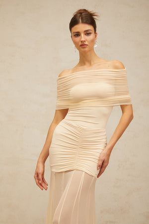 Aurohaya Ninon tulle-panel smocked maxi dress