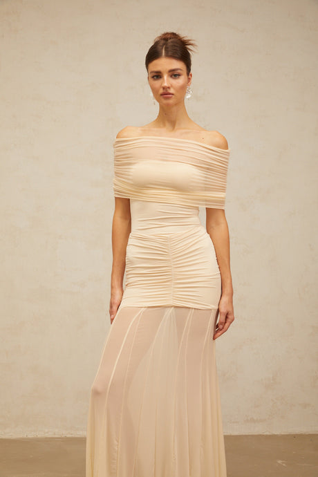 Aurohaya Ninon tulle-panel smocked maxi dress