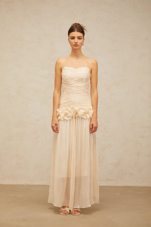 Aurohaya Céleste neutrals ruffled pleated maxi dress