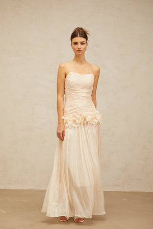 Aurohaya Céleste neutrals ruffled pleated maxi dress