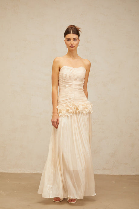Aurohaya Céleste neutrals ruffled pleated maxi dress