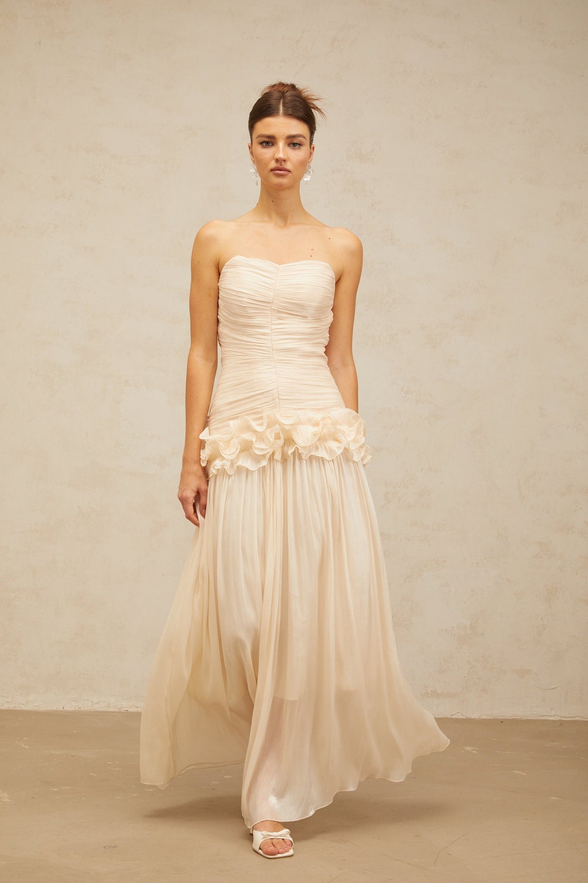 Aurohaya Céleste neutrals ruffled pleated maxi dress