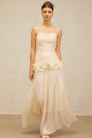 Aurohaya Céleste neutrals ruffled pleated maxi dress