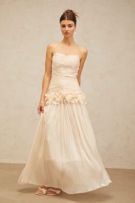 Aurohaya Céleste neutrals ruffled pleated maxi dress