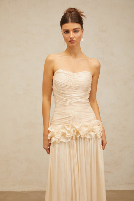 Aurohaya Céleste neutrals ruffled pleated maxi dress