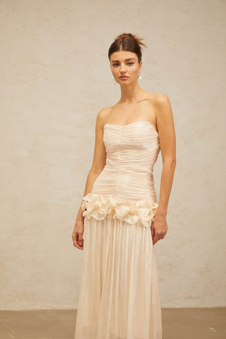 Aurohaya Céleste neutrals ruffled pleated maxi dress