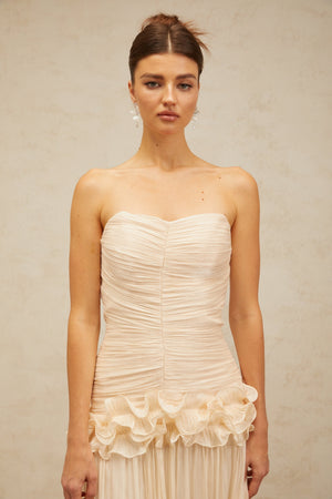 Aurohaya Céleste neutrals ruffled pleated maxi dress