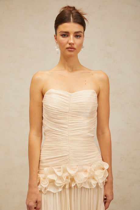 Aurohaya Céleste neutrals ruffled pleated maxi dress