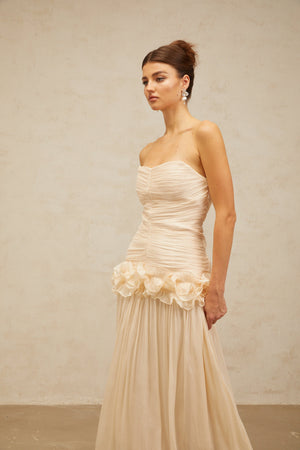 Aurohaya Céleste neutrals ruffled pleated maxi dress
