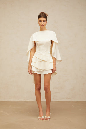 Aurohaya Lyna White Satin Ruffled Mini Dress with Shawl Panel Detail