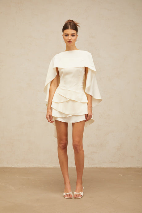 Aurohaya Lyna White Satin Ruffled Mini Dress with Shawl Panel Detail
