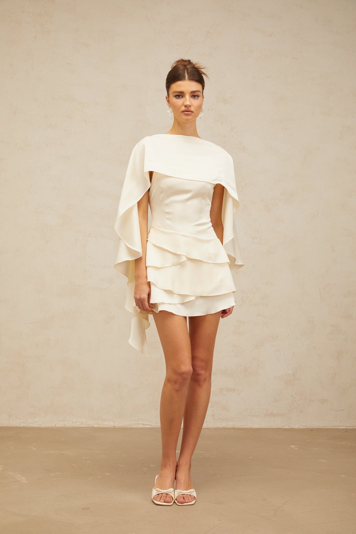 Aurohaya Lyna White Satin Ruffled Mini Dress with Shawl Panel Detail