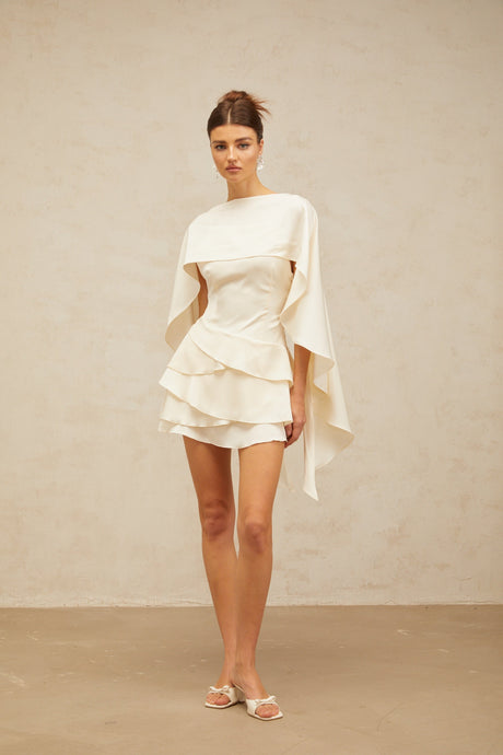 Aurohaya Lyna White Satin Ruffled Mini Dress with Shawl Panel Detail