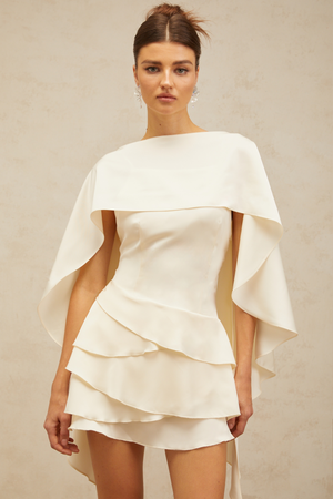Aurohaya Lyna White Satin Ruffled Mini Dress with Shawl Panel Detail