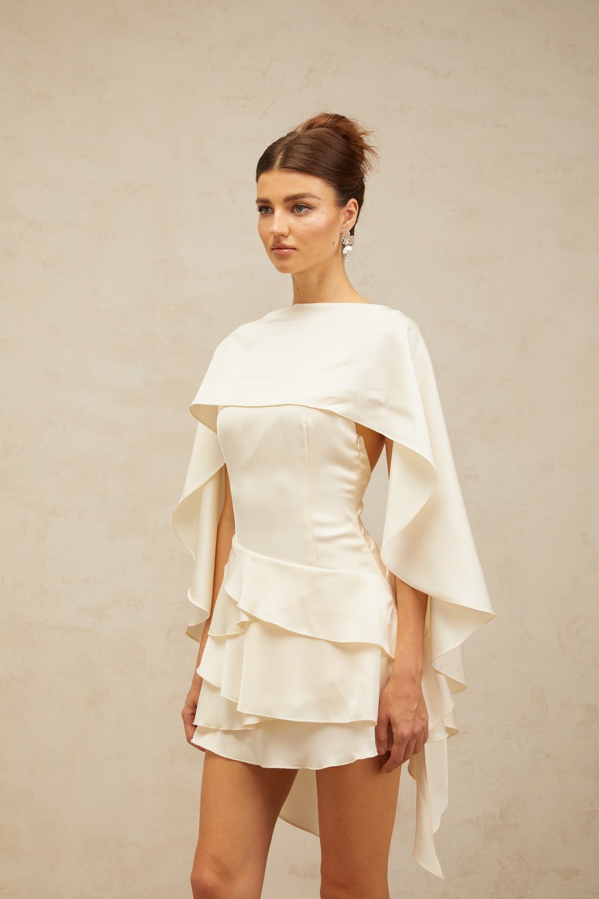 Aurohaya Lyna White Satin Ruffled Mini Dress with Shawl Panel Detail
