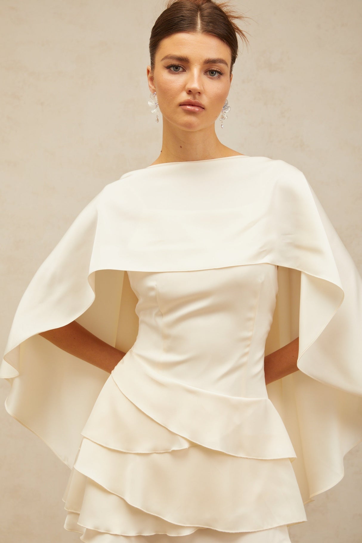Aurohaya Lyna White Satin Ruffled Mini Dress with Shawl Panel Detail