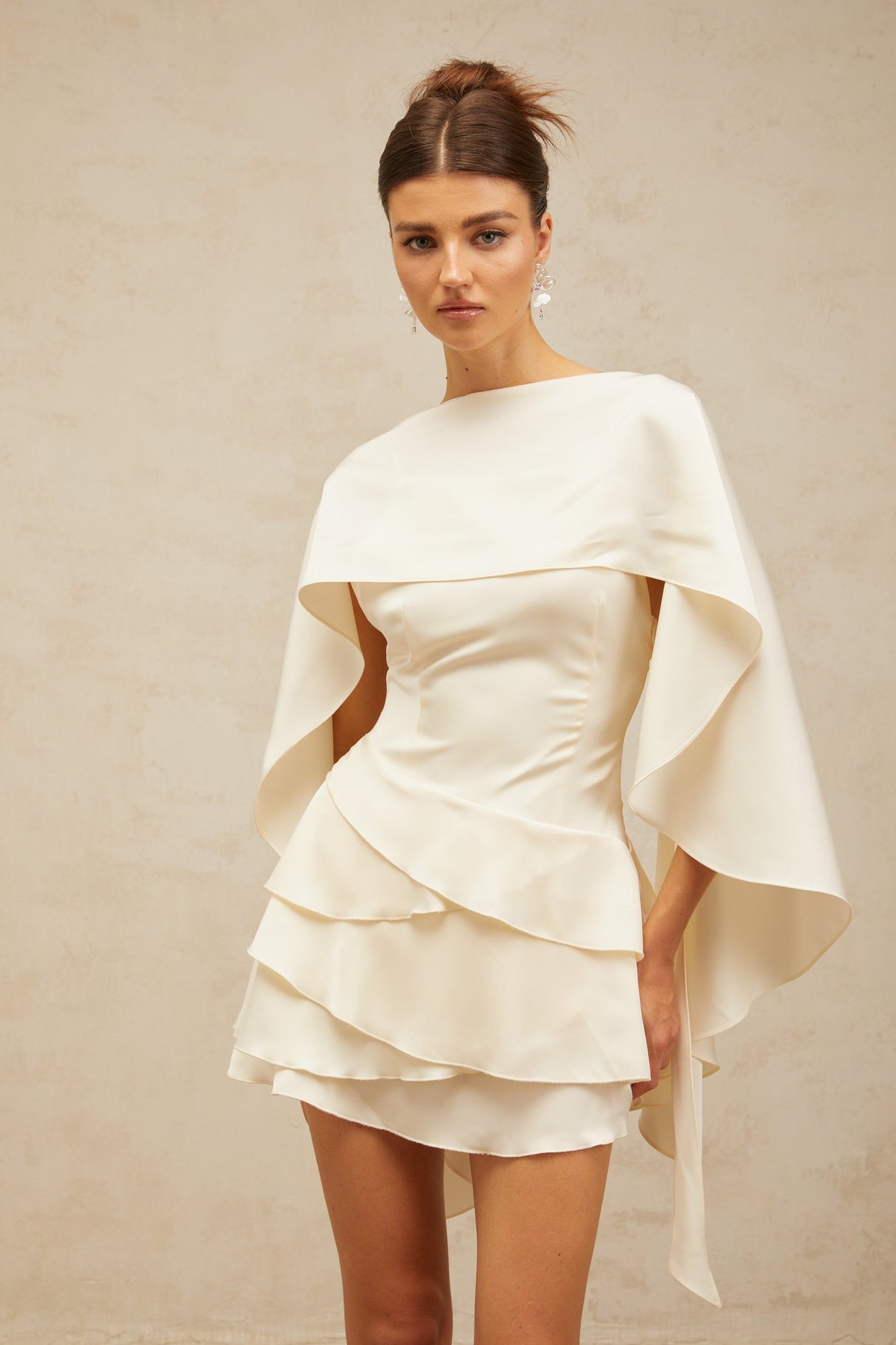 Aurohaya Lyna White Satin Ruffled Mini Dress with Shawl Panel Detail