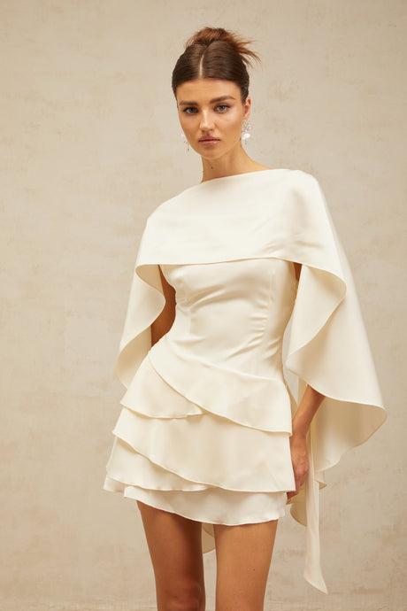 Aurohaya Lyna White Satin Ruffled Mini Dress with Shawl Panel Detail