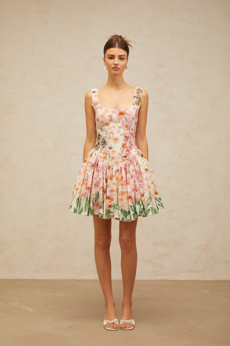 Aurohaya Michèle pink floral-print pleated mini dress