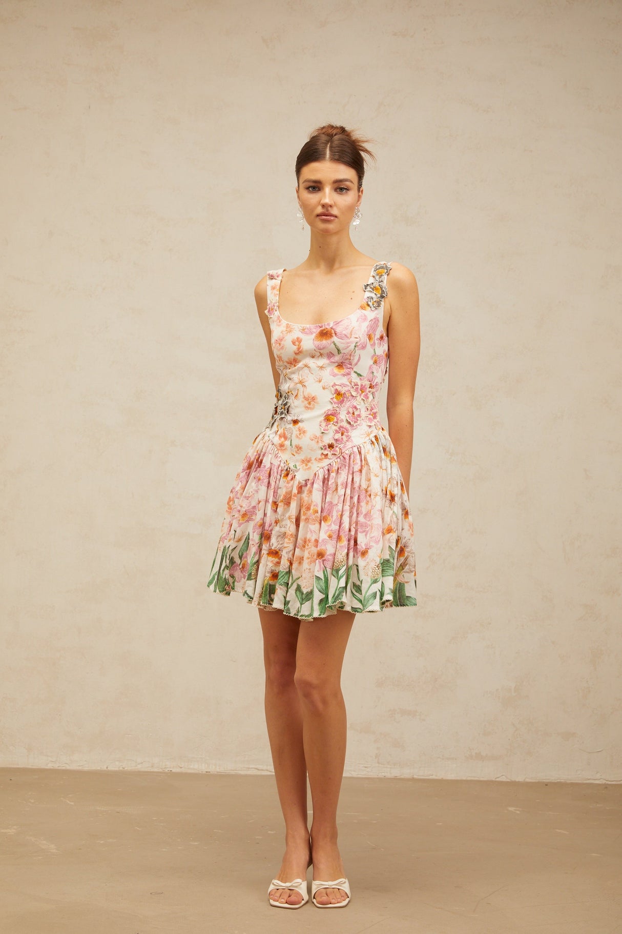 Aurohaya Michèle pink floral-print pleated mini dress