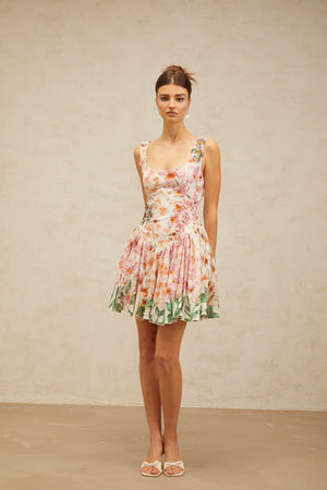 Aurohaya Michèle pink floral-print pleated mini dress