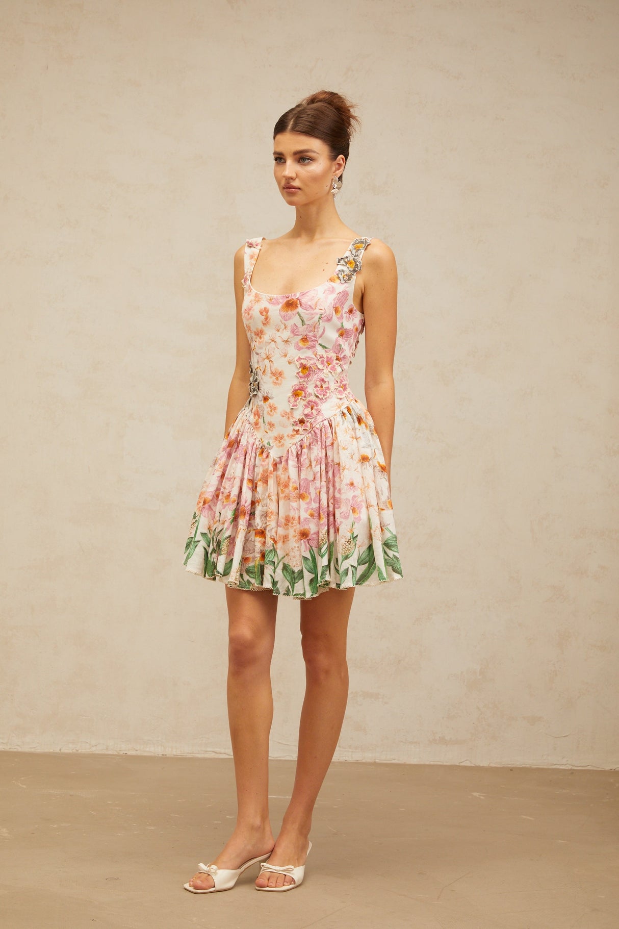 Aurohaya Michèle pink floral-print pleated mini dress