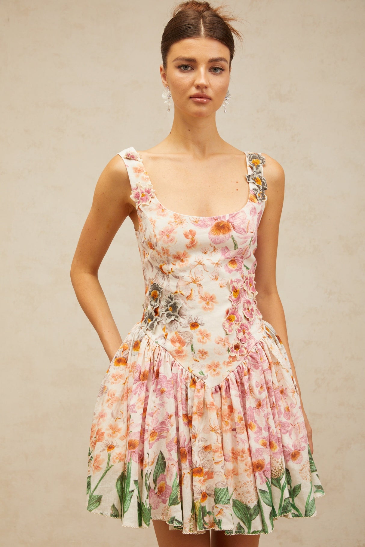 Aurohaya Michèle pink floral-print pleated mini dress
