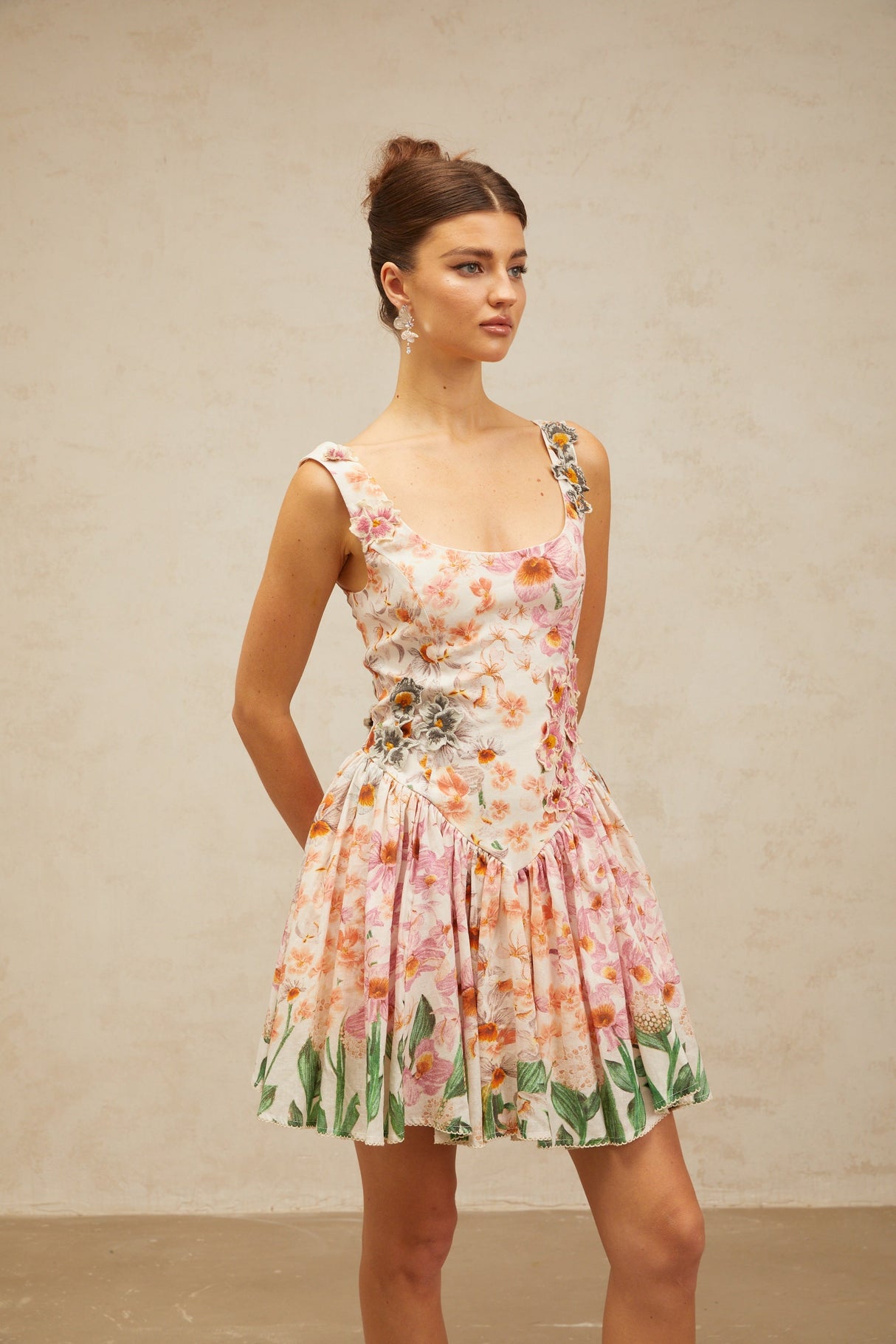 Aurohaya Michèle pink floral-print pleated mini dress