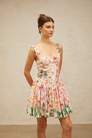 Aurohaya Michèle pink floral-print pleated mini dress