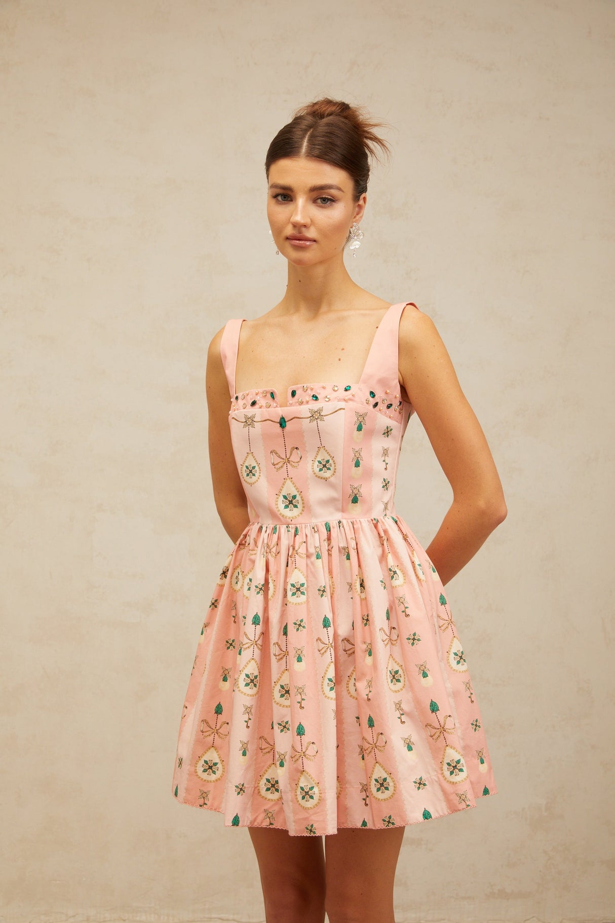 Aurohaya Osanne pink embellished pattern-print mini dress