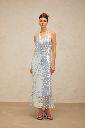 Aurohaya Babette blue halterneck sequined midi dress