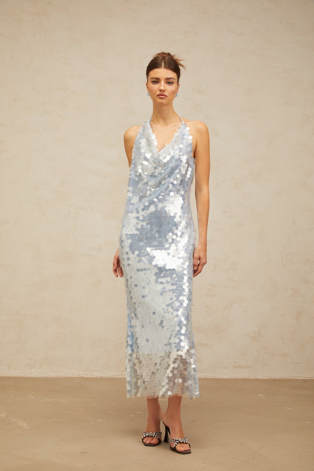 Aurohaya Babette blue halterneck sequined midi dress