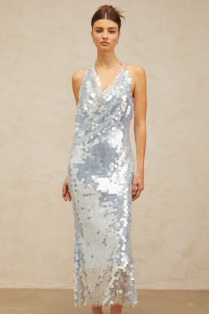 Aurohaya Babette blue halterneck sequined midi dress