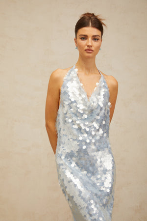 Aurohaya Babette blue halterneck sequined midi dress