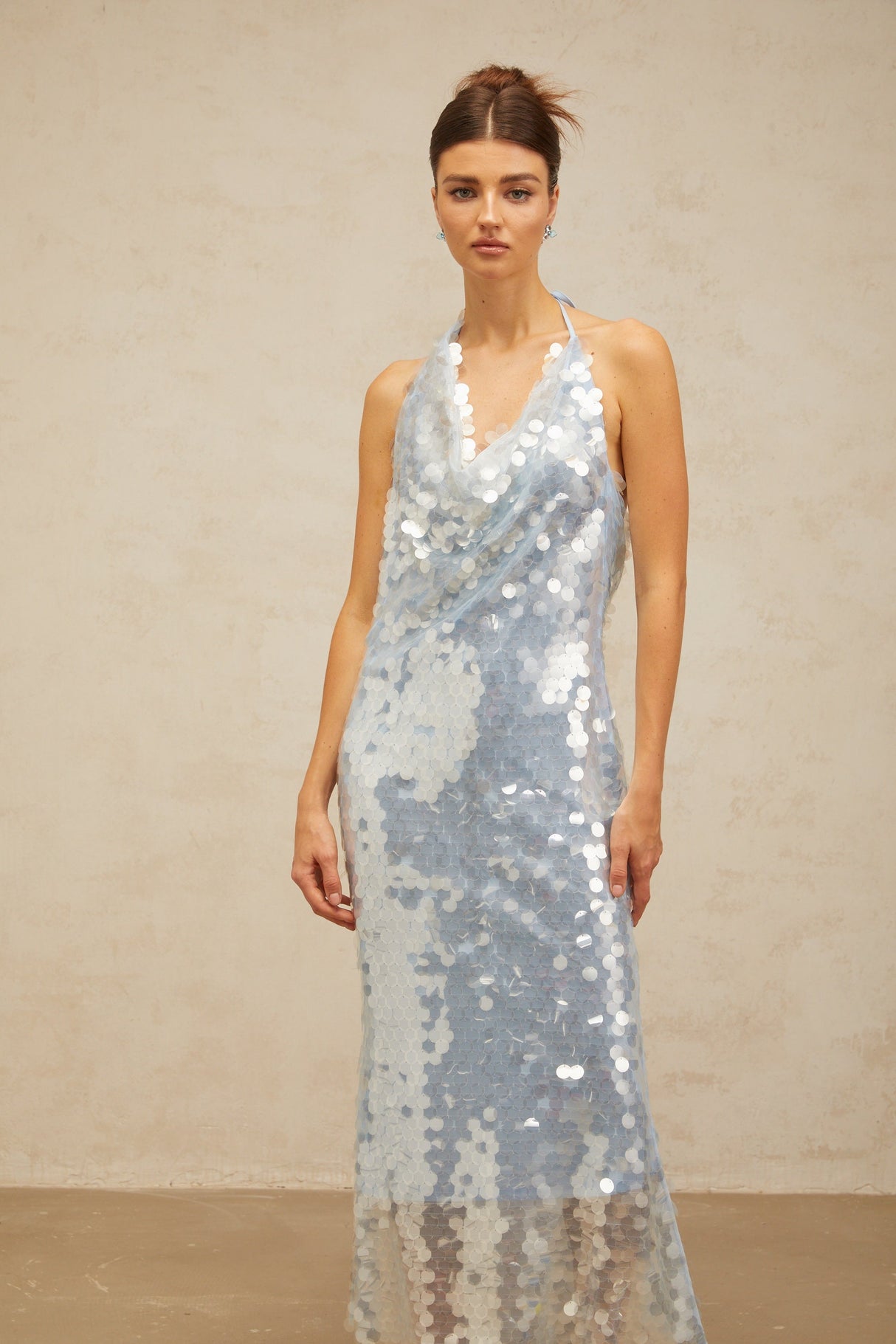 Aurohaya Babette blue halterneck sequined midi dress