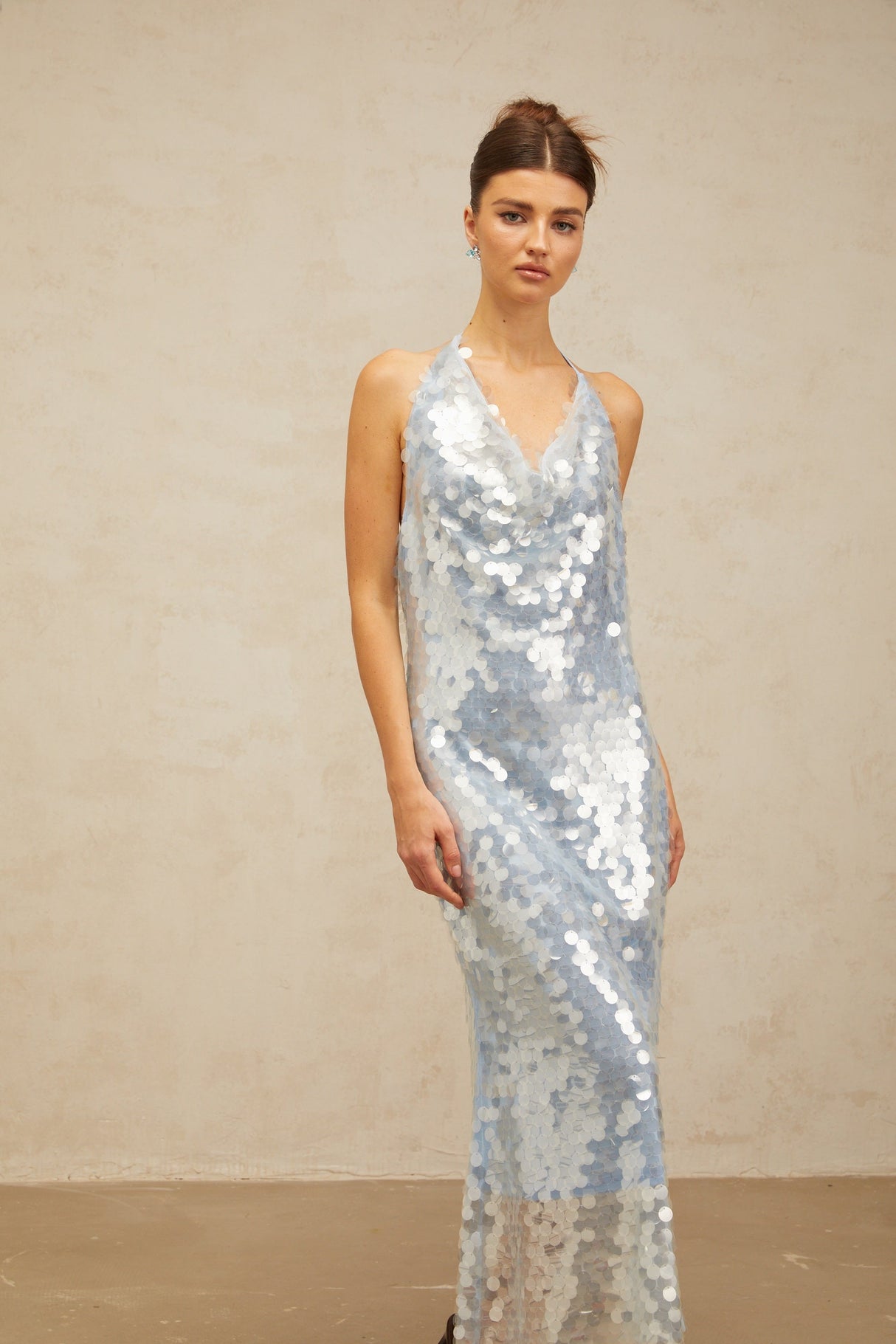 Aurohaya Babette blue halterneck sequined midi dress