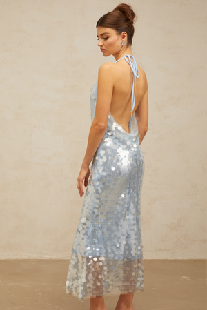 Aurohaya Babette blue halterneck sequined midi dress