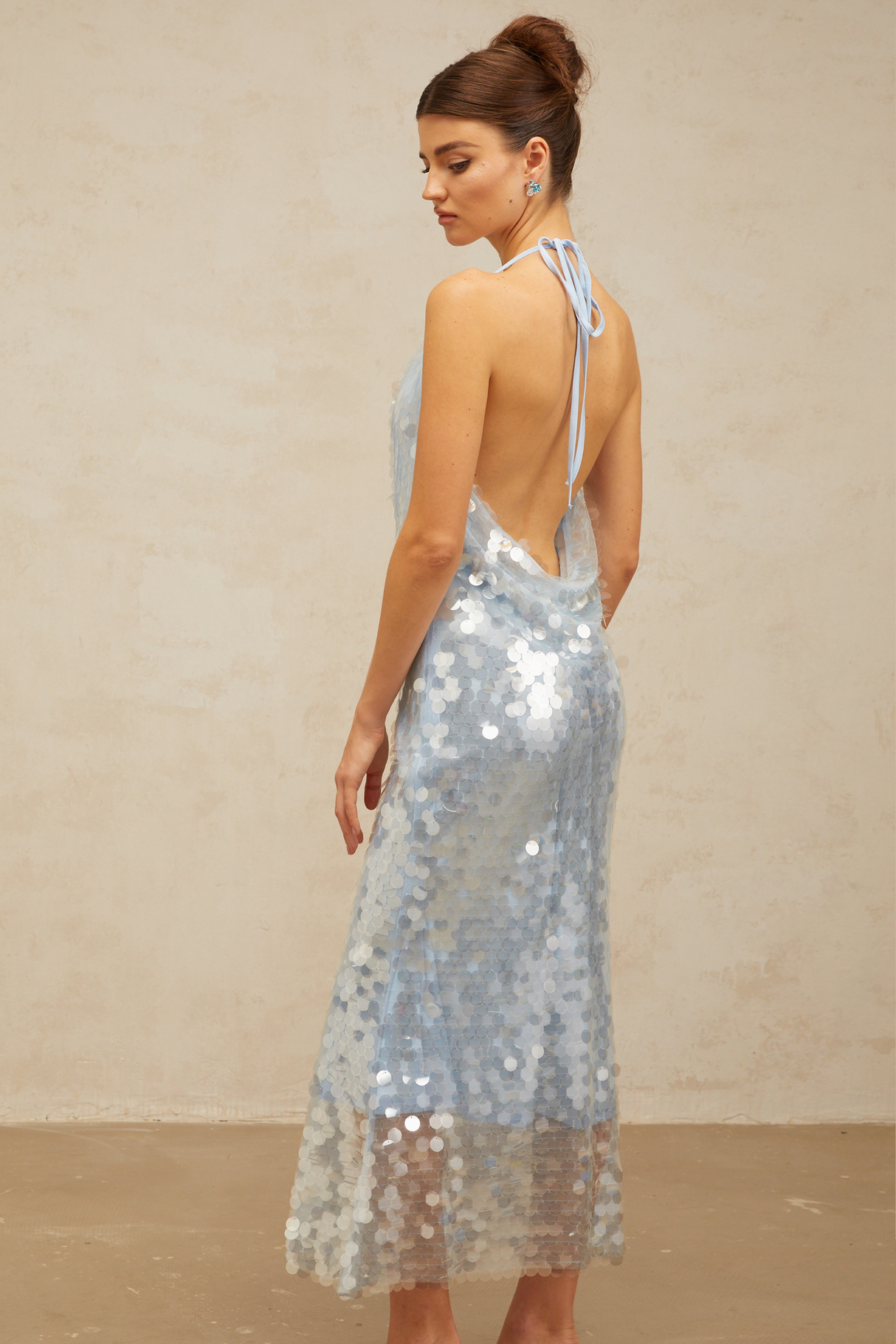 Aurohaya Babette blue halterneck sequined midi dress