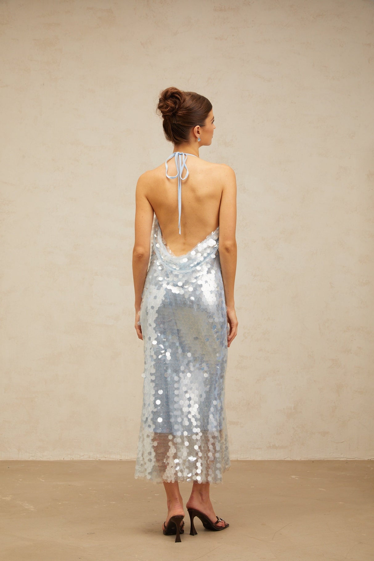 Aurohaya Babette blue halterneck sequined midi dress