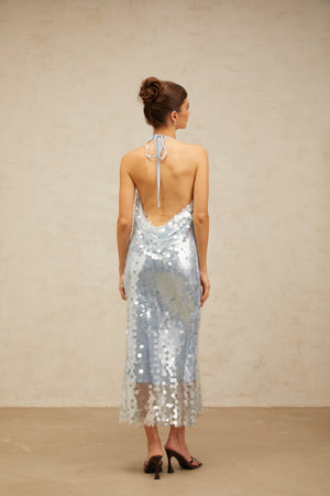 Aurohaya Babette blue halterneck sequined midi dress