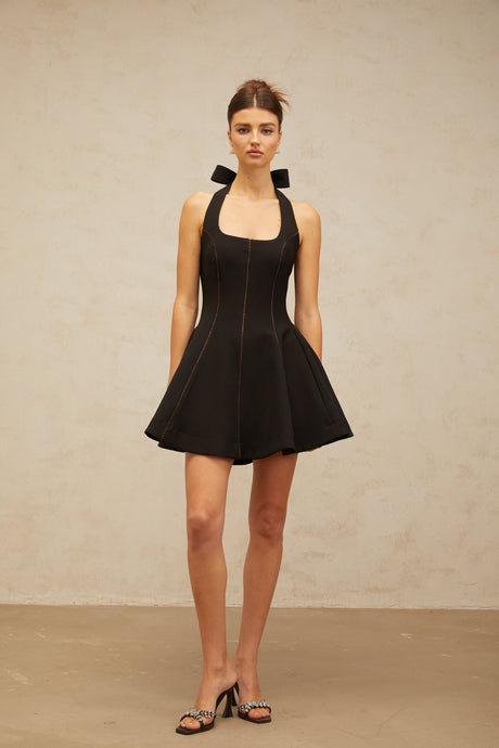 Aurohaya Quirine halterneck bow-detail mini dress in Black
