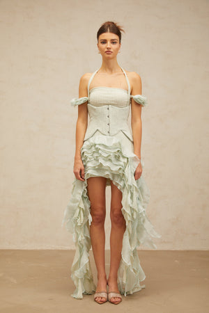 Aurohaya Patricia green floral-appliqué asymmetrical ruffled mini dress