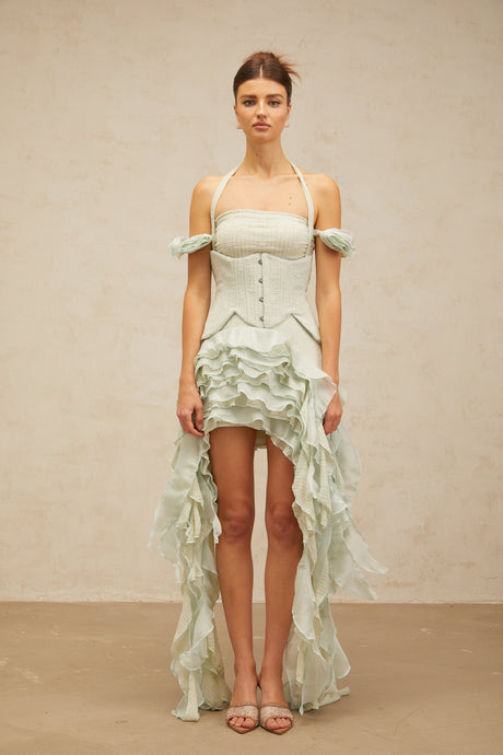 Aurohaya Patricia green floral-appliqué asymmetrical ruffled mini dress