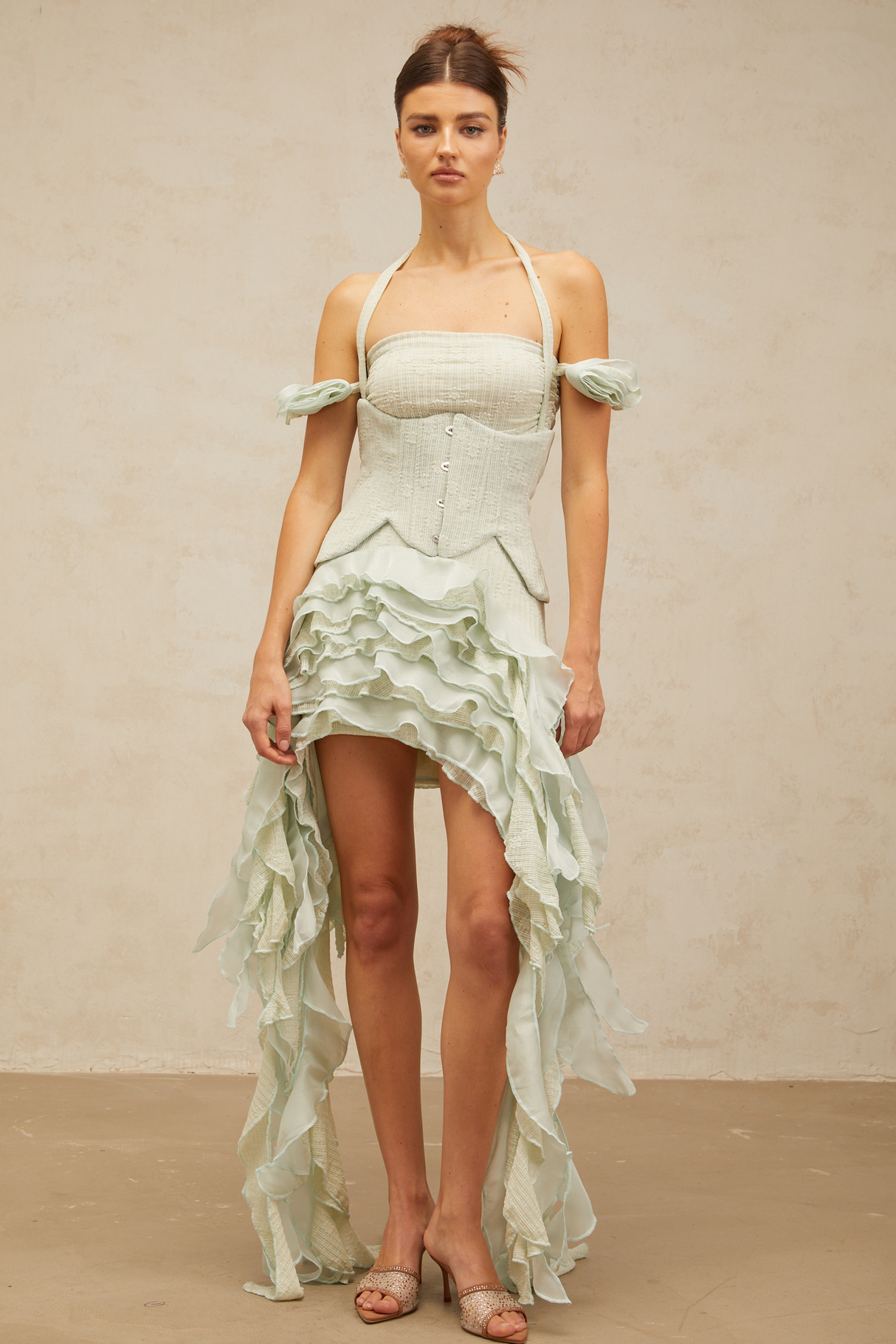 Aurohaya Patricia green floral-appliqué asymmetrical ruffled mini dress