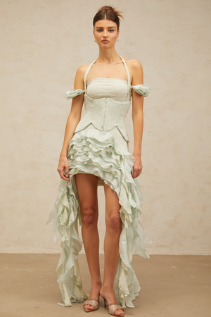 Aurohaya Patricia green floral-appliqué asymmetrical ruffled mini dress