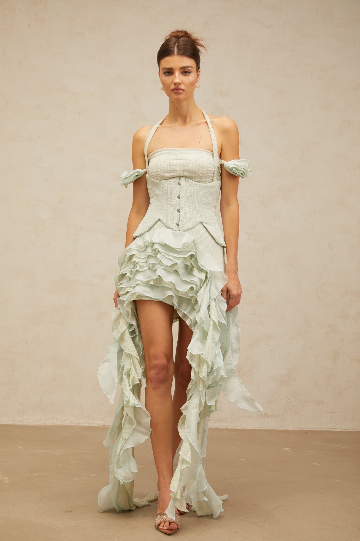 Aurohaya Patricia green floral-appliqué asymmetrical ruffled mini dress