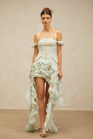 Aurohaya Patricia green floral-appliqué asymmetrical ruffled mini dress